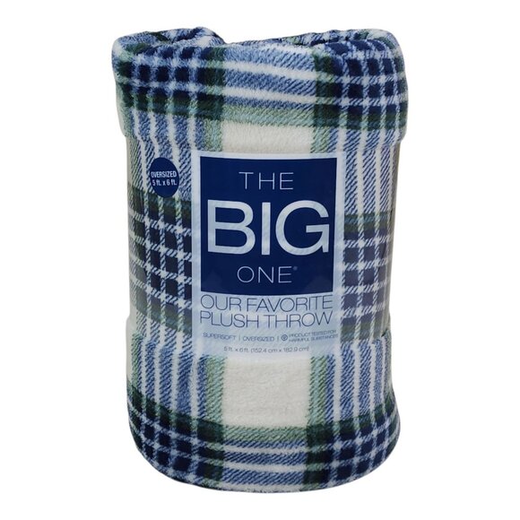 The Big One Navy Green Plaid Oversized Plush Throw Blanket 5x6 Ft Soft Polyester - Picture 1 of 9